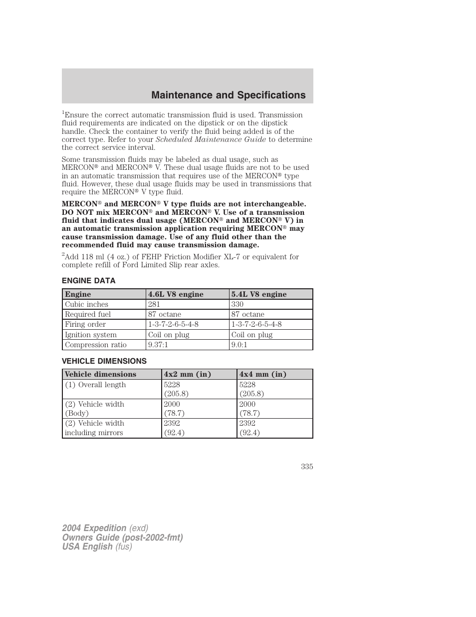 Maintenance and specifications | FORD 2004 Expedition v.2 User Manual | Page 335 / 352