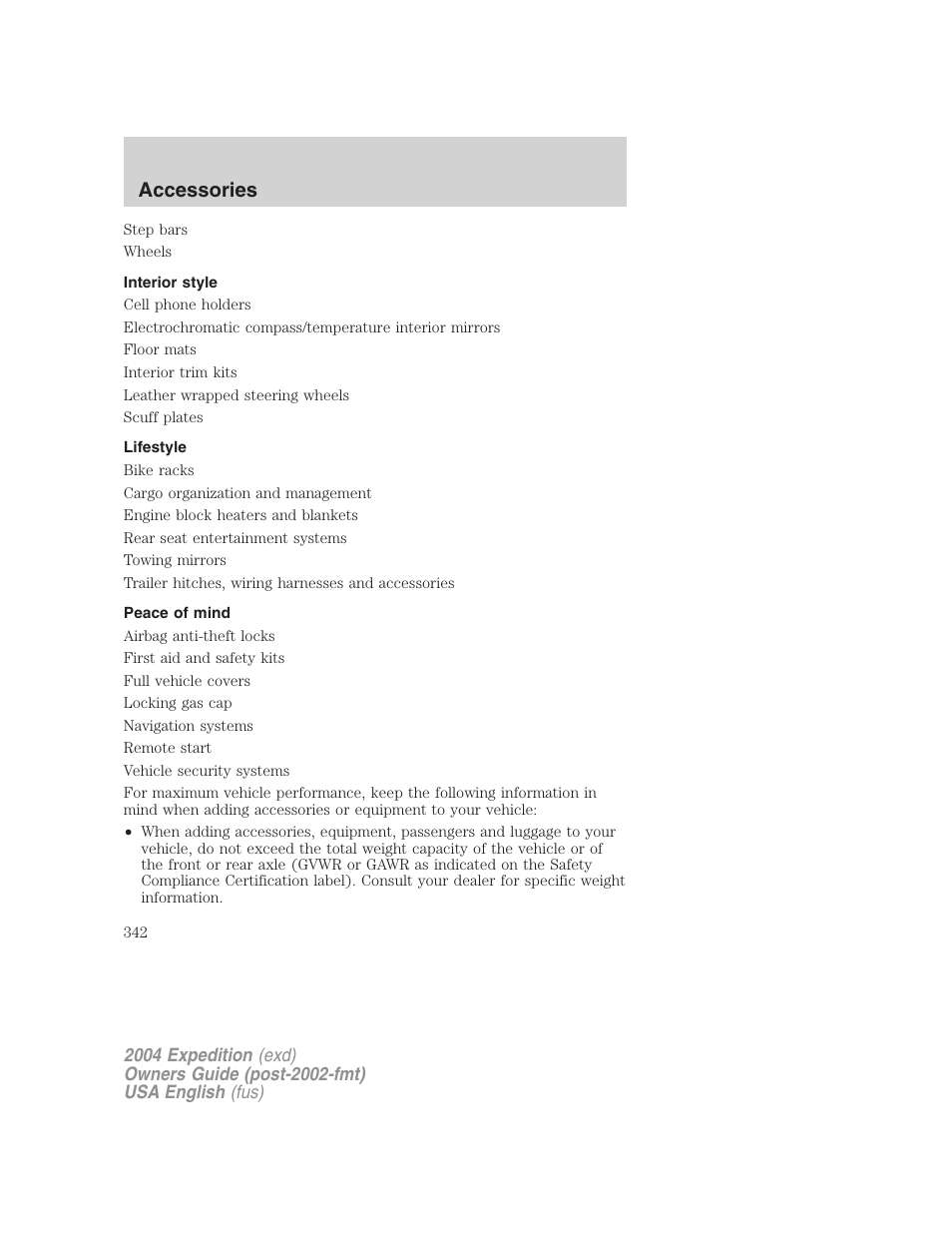 Accessories | FORD 2004 Expedition v.2 User Manual | Page 342 / 352