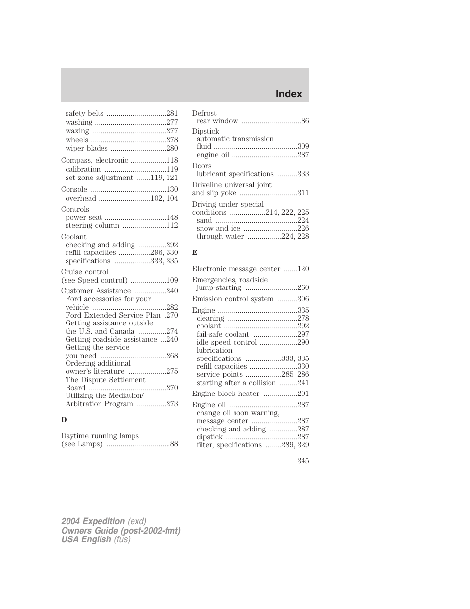 Index | FORD 2004 Expedition v.2 User Manual | Page 345 / 352