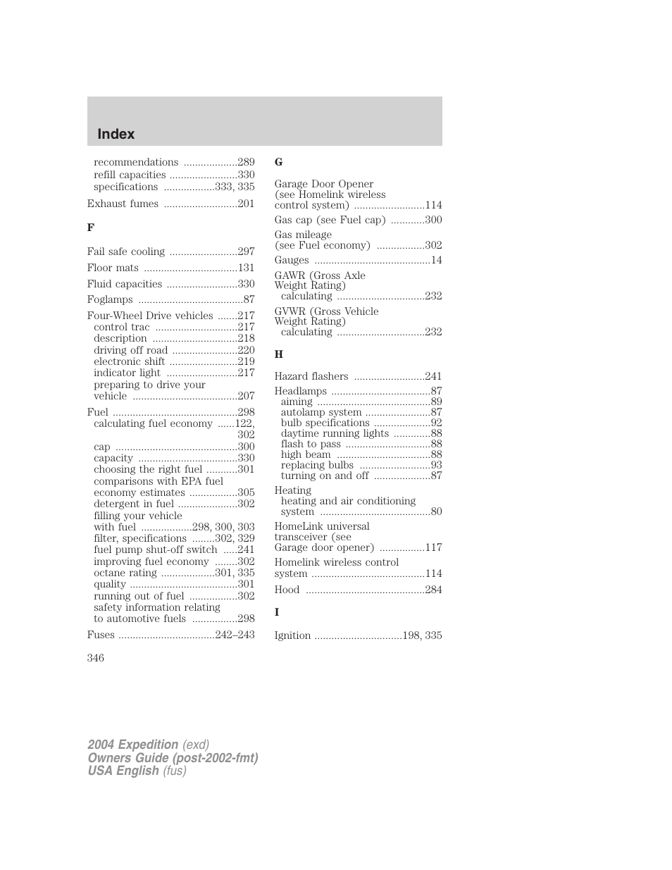 Index | FORD 2004 Expedition v.2 User Manual | Page 346 / 352