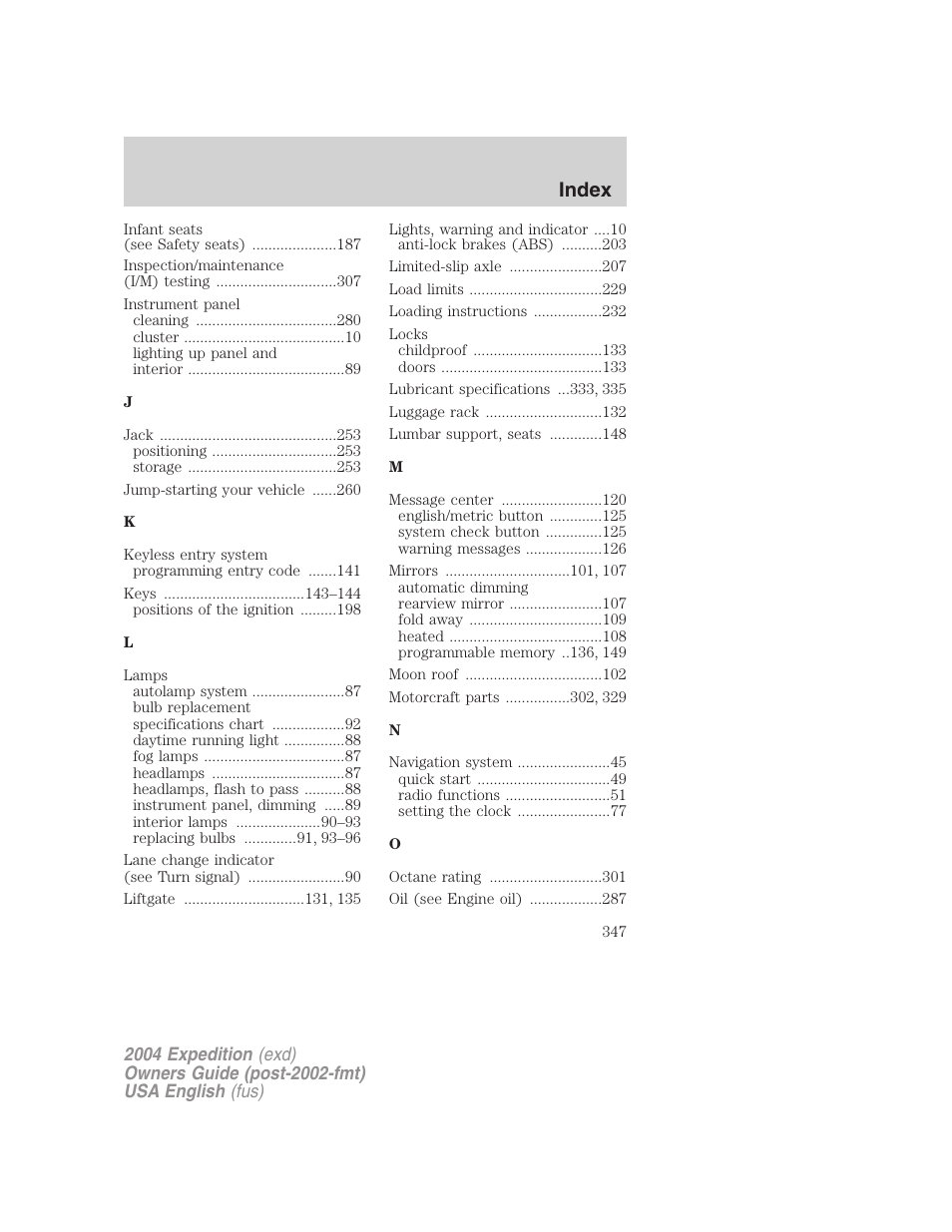 Index | FORD 2004 Expedition v.2 User Manual | Page 347 / 352