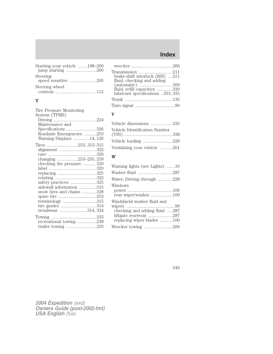 Index | FORD 2004 Expedition v.2 User Manual | Page 349 / 352