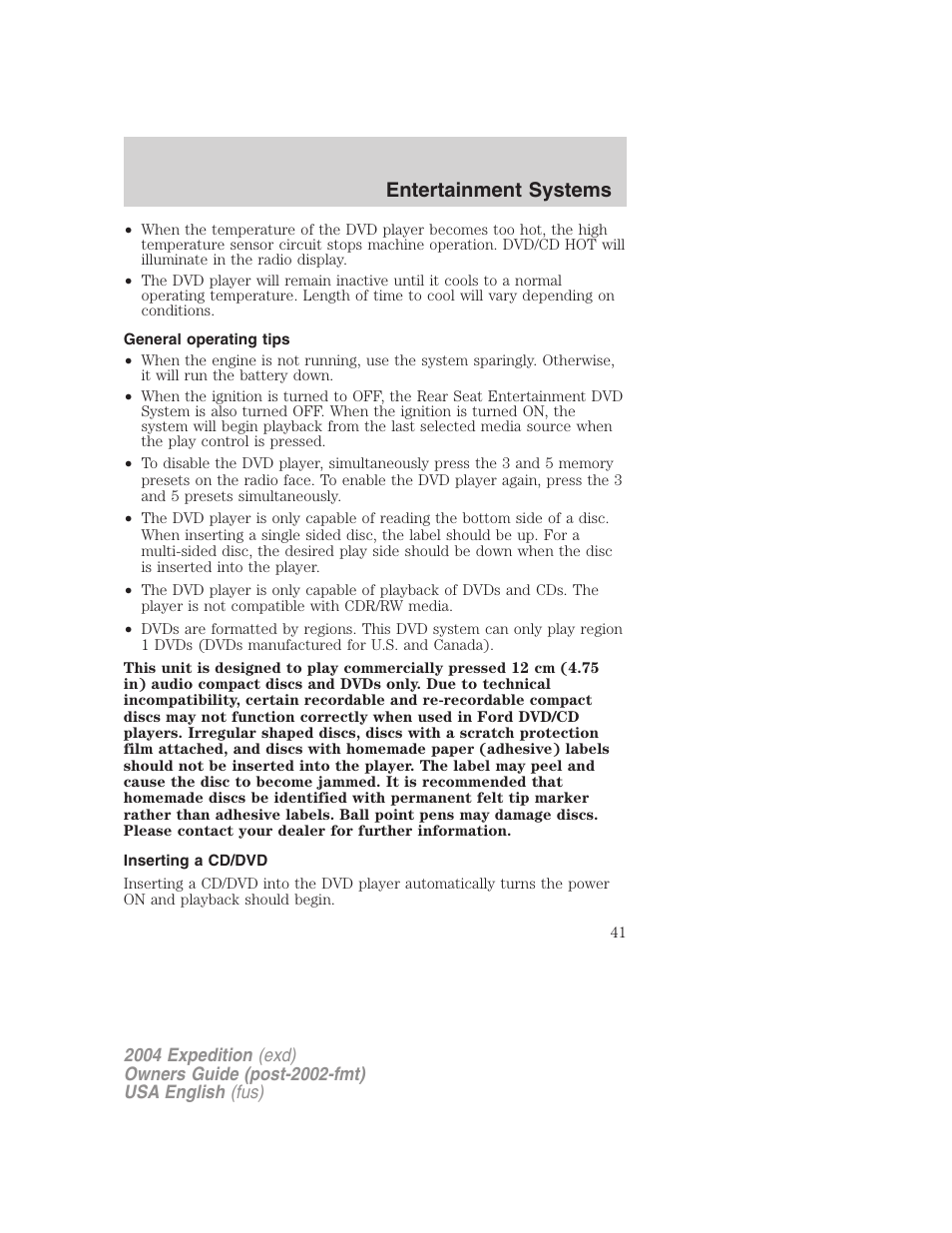 Entertainment systems | FORD 2004 Expedition v.2 User Manual | Page 41 / 352