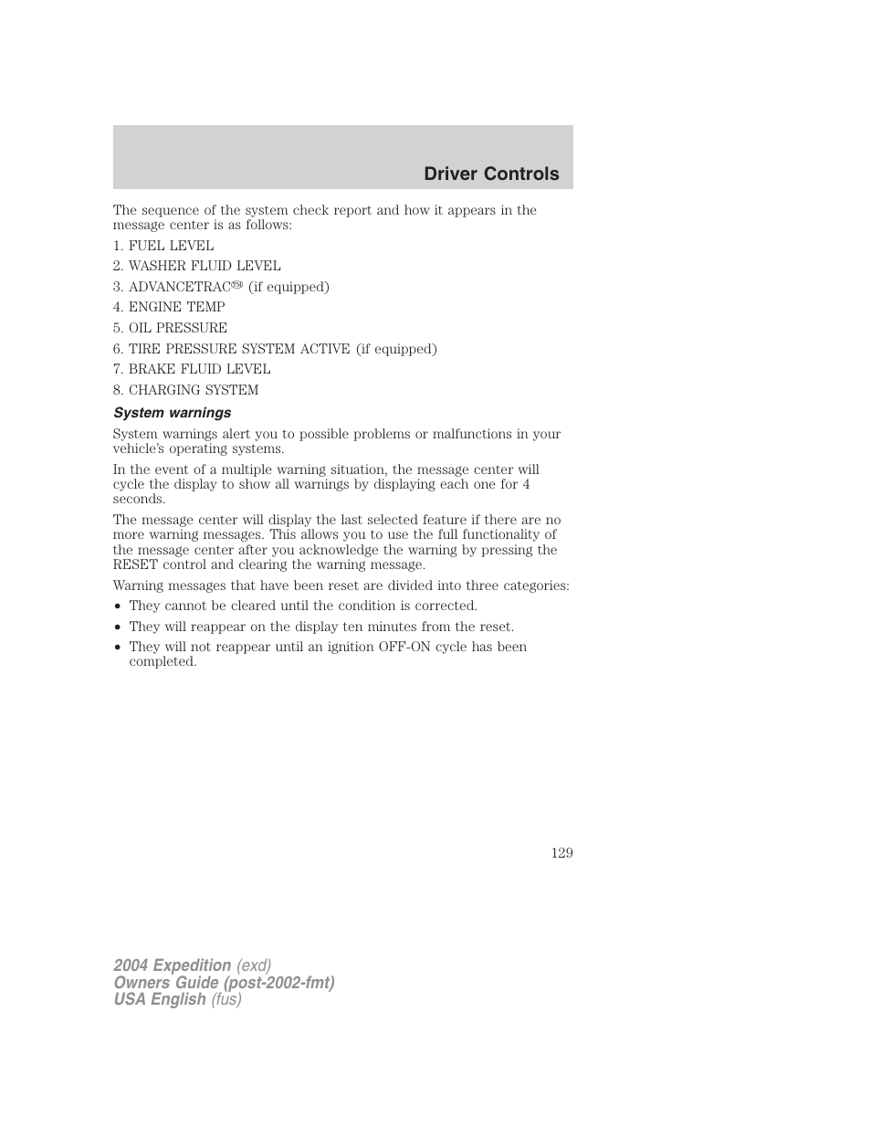 Driver controls | FORD 2004 Expedition v.3 User Manual | Page 129 / 360