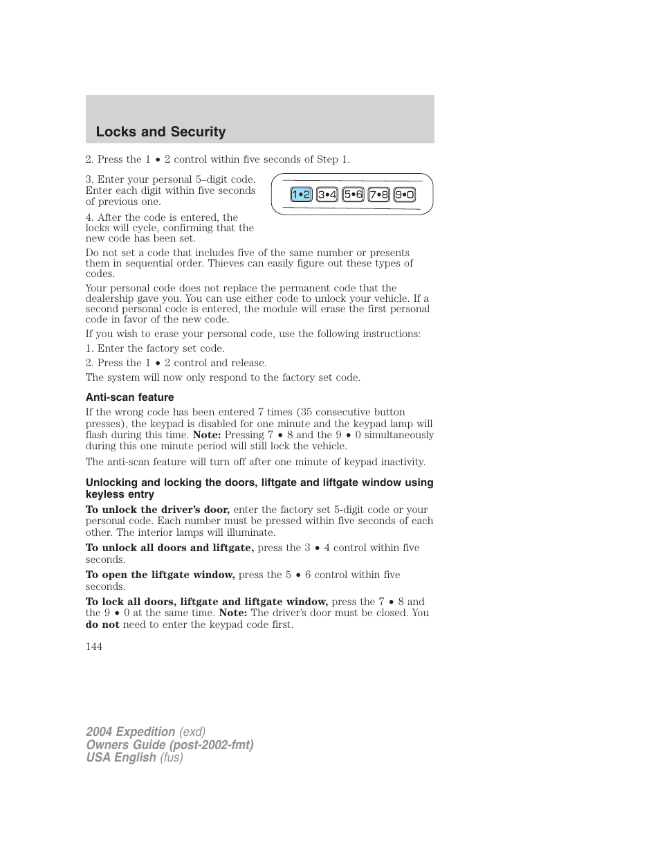 Locks and security | FORD 2004 Expedition v.3 User Manual | Page 144 / 360