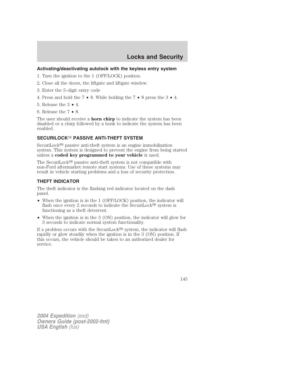 Locks and security | FORD 2004 Expedition v.3 User Manual | Page 145 / 360