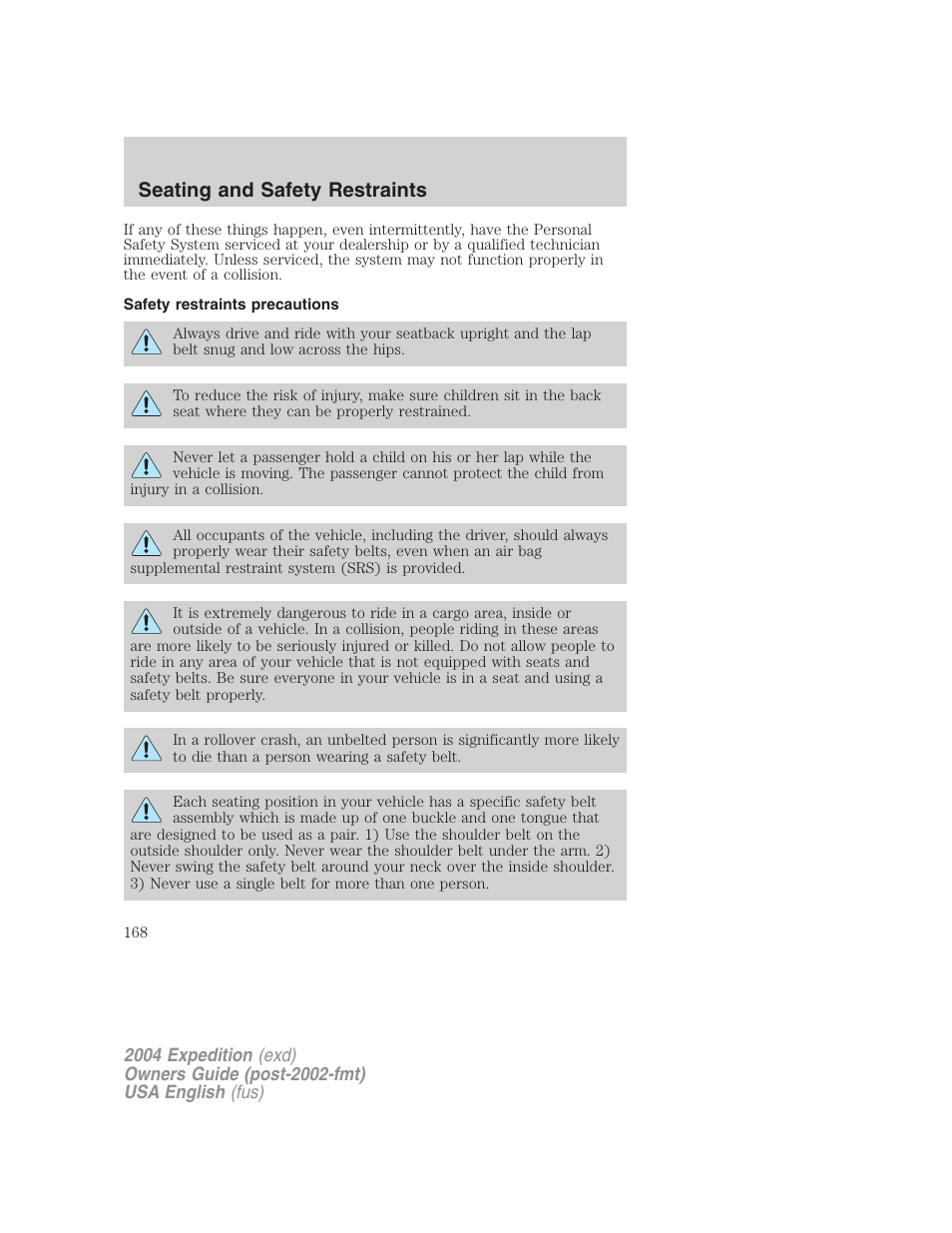 Seating and safety restraints | FORD 2004 Expedition v.3 User Manual | Page 168 / 360