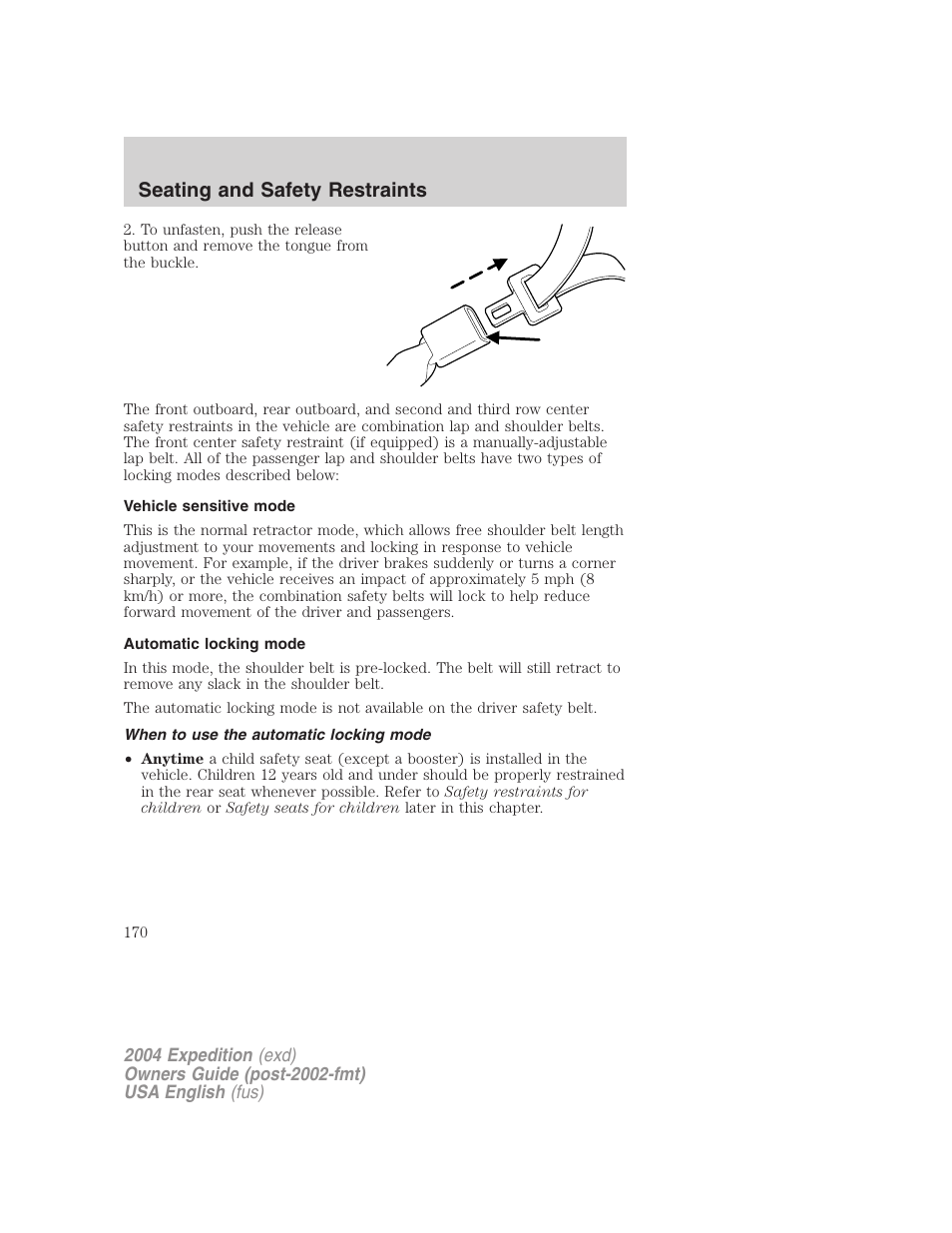 Seating and safety restraints | FORD 2004 Expedition v.3 User Manual | Page 170 / 360