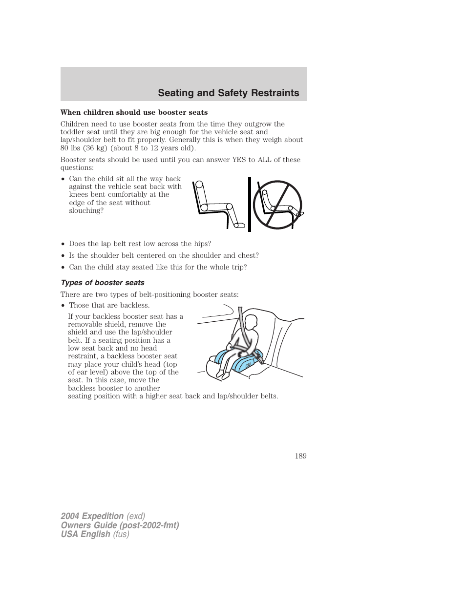Seating and safety restraints | FORD 2004 Expedition v.3 User Manual | Page 189 / 360