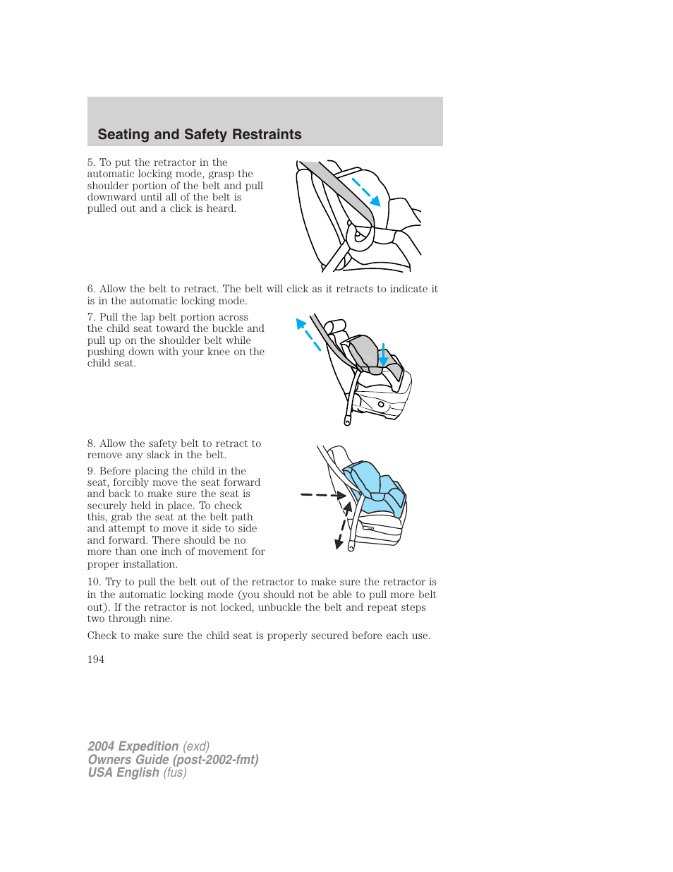 Seating and safety restraints | FORD 2004 Expedition v.3 User Manual | Page 194 / 360