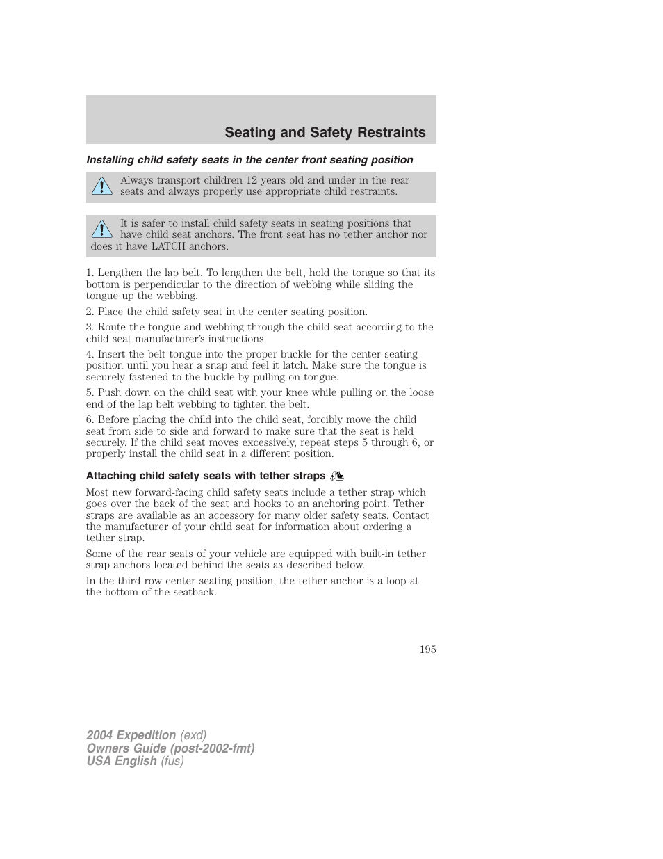 Seating and safety restraints | FORD 2004 Expedition v.3 User Manual | Page 195 / 360