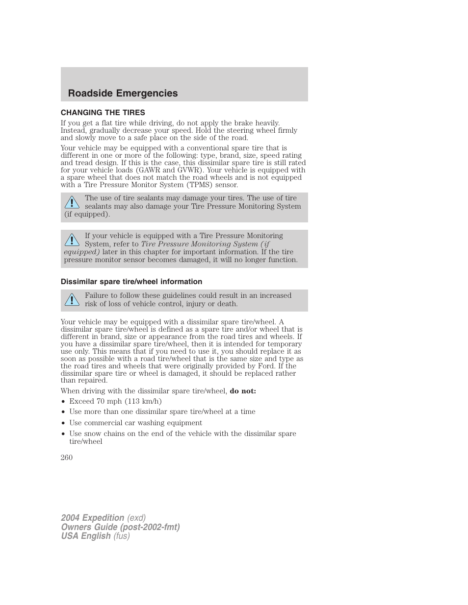 Roadside emergencies | FORD 2004 Expedition v.3 User Manual | Page 260 / 360