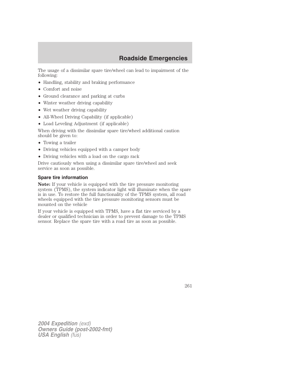 Roadside emergencies | FORD 2004 Expedition v.3 User Manual | Page 261 / 360