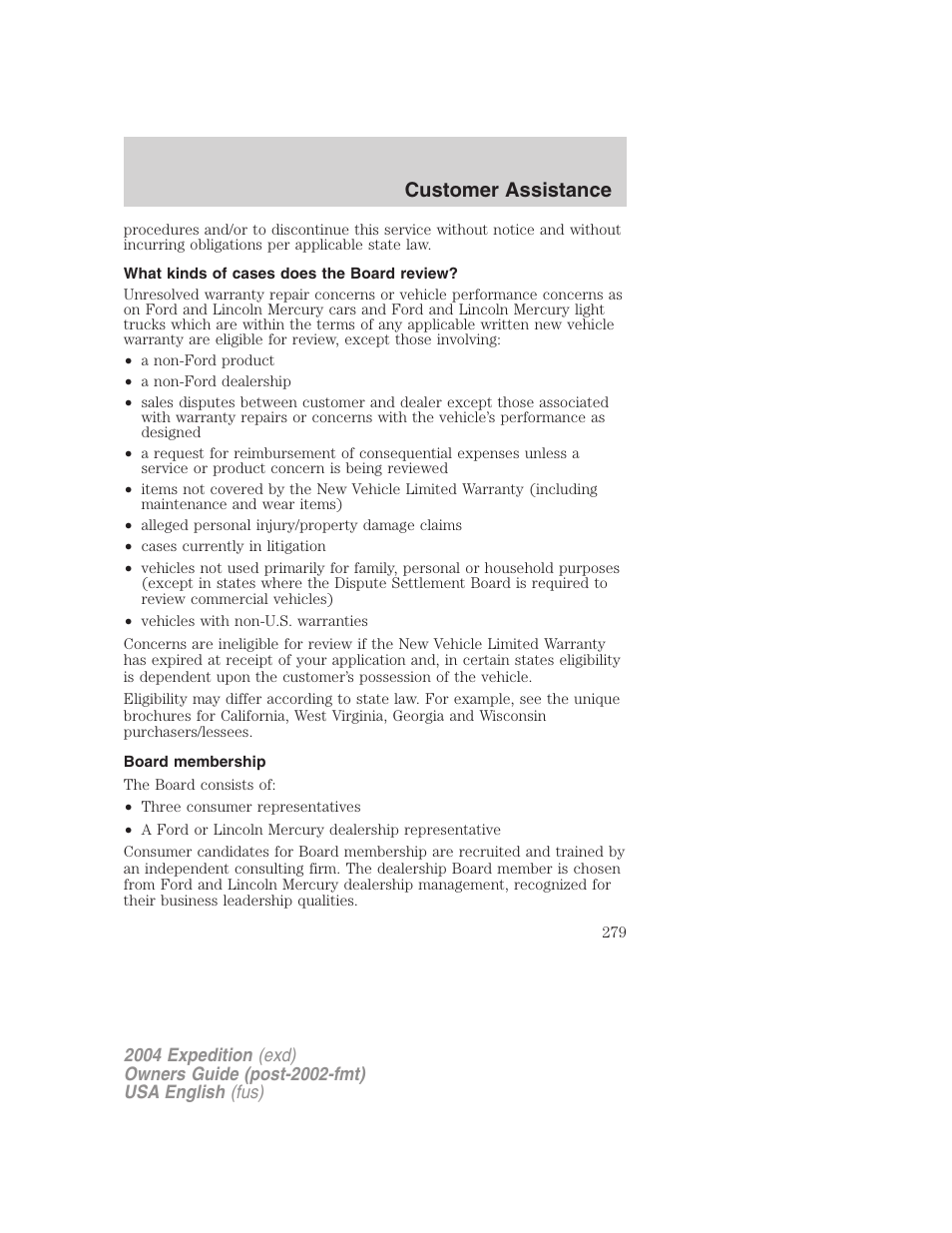 Customer assistance | FORD 2004 Expedition v.3 User Manual | Page 279 / 360