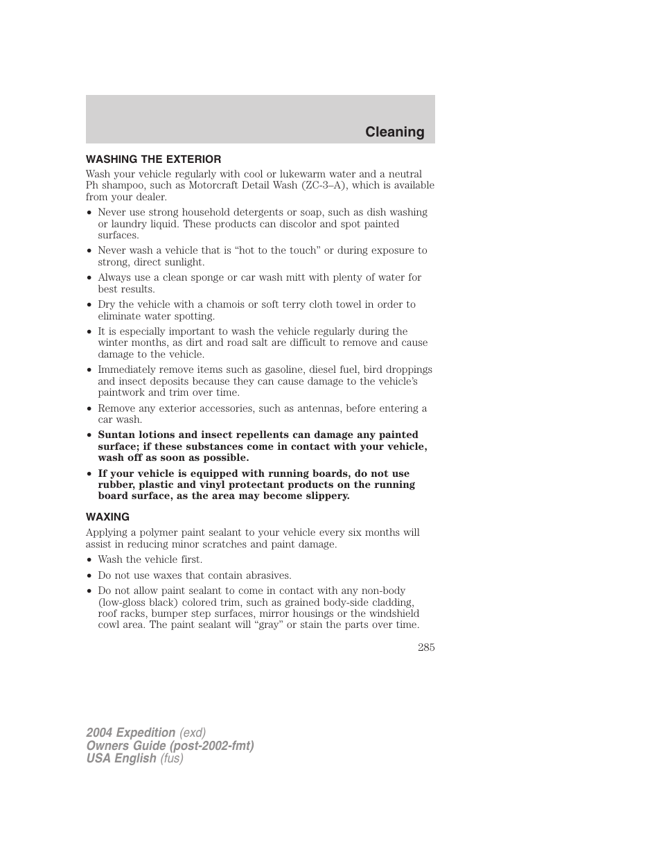 Cleaning | FORD 2004 Expedition v.3 User Manual | Page 285 / 360
