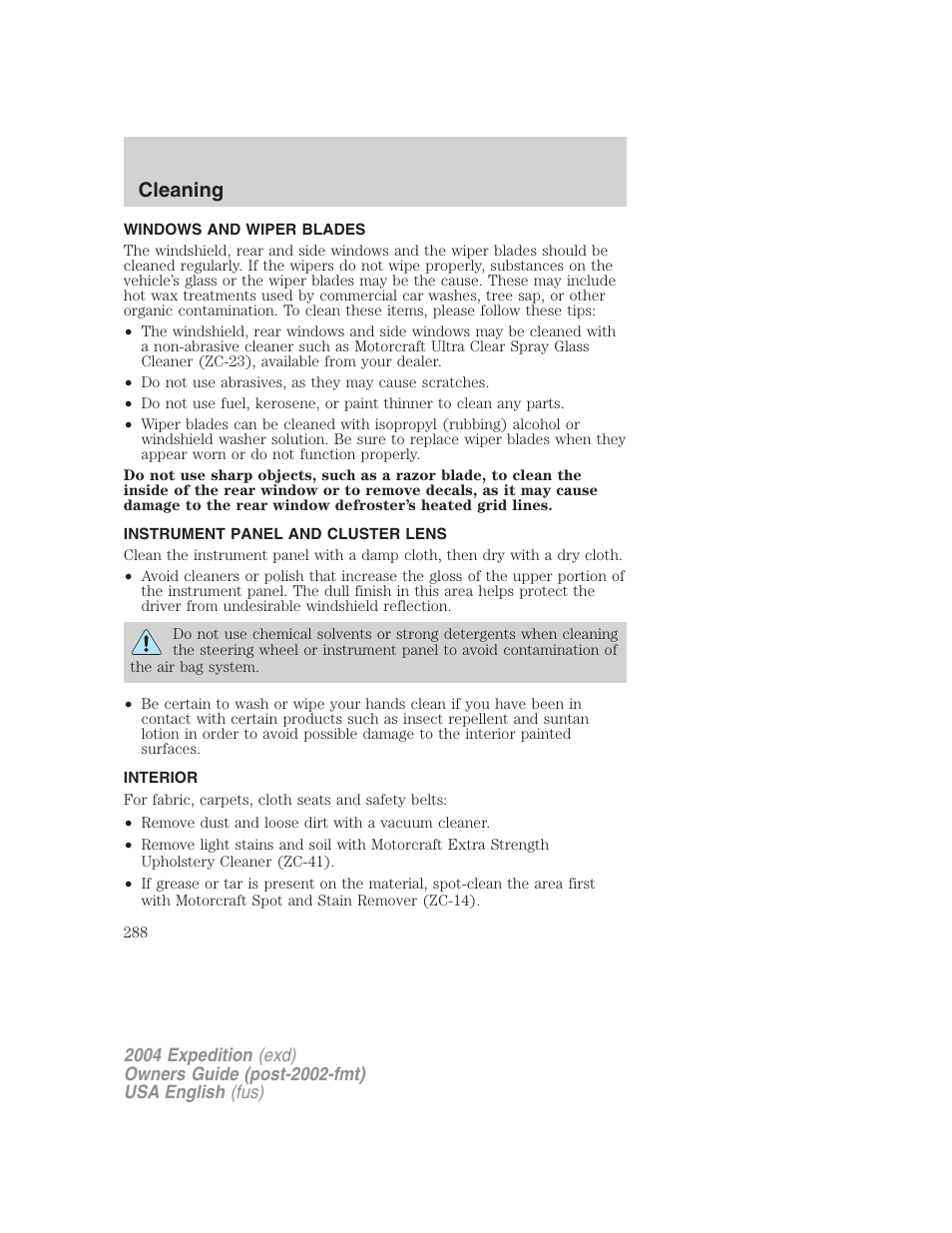 Cleaning | FORD 2004 Expedition v.3 User Manual | Page 288 / 360