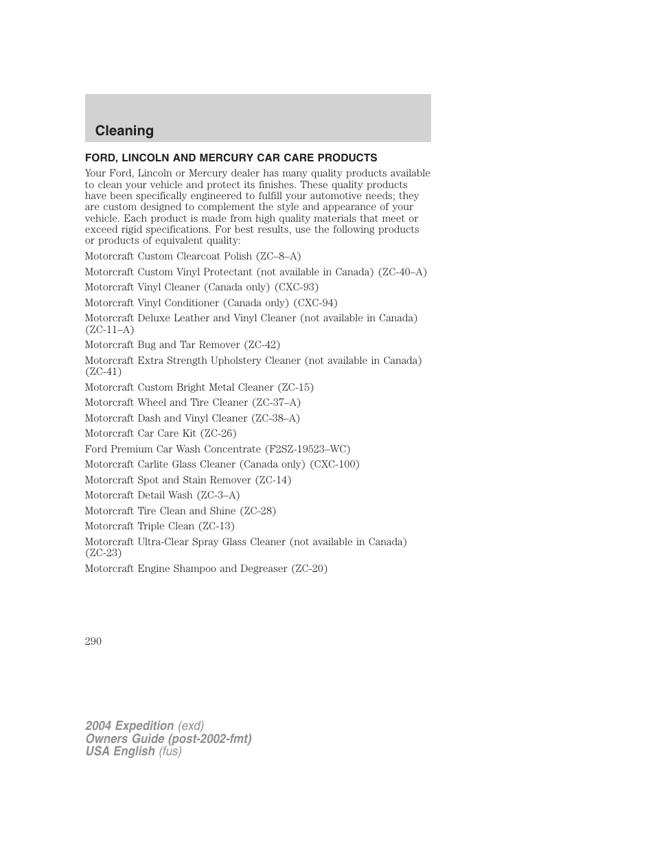 Cleaning | FORD 2004 Expedition v.3 User Manual | Page 290 / 360