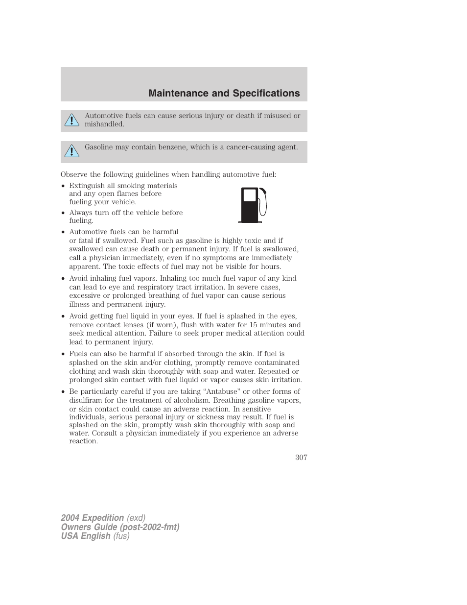 Maintenance and specifications | FORD 2004 Expedition v.3 User Manual | Page 307 / 360