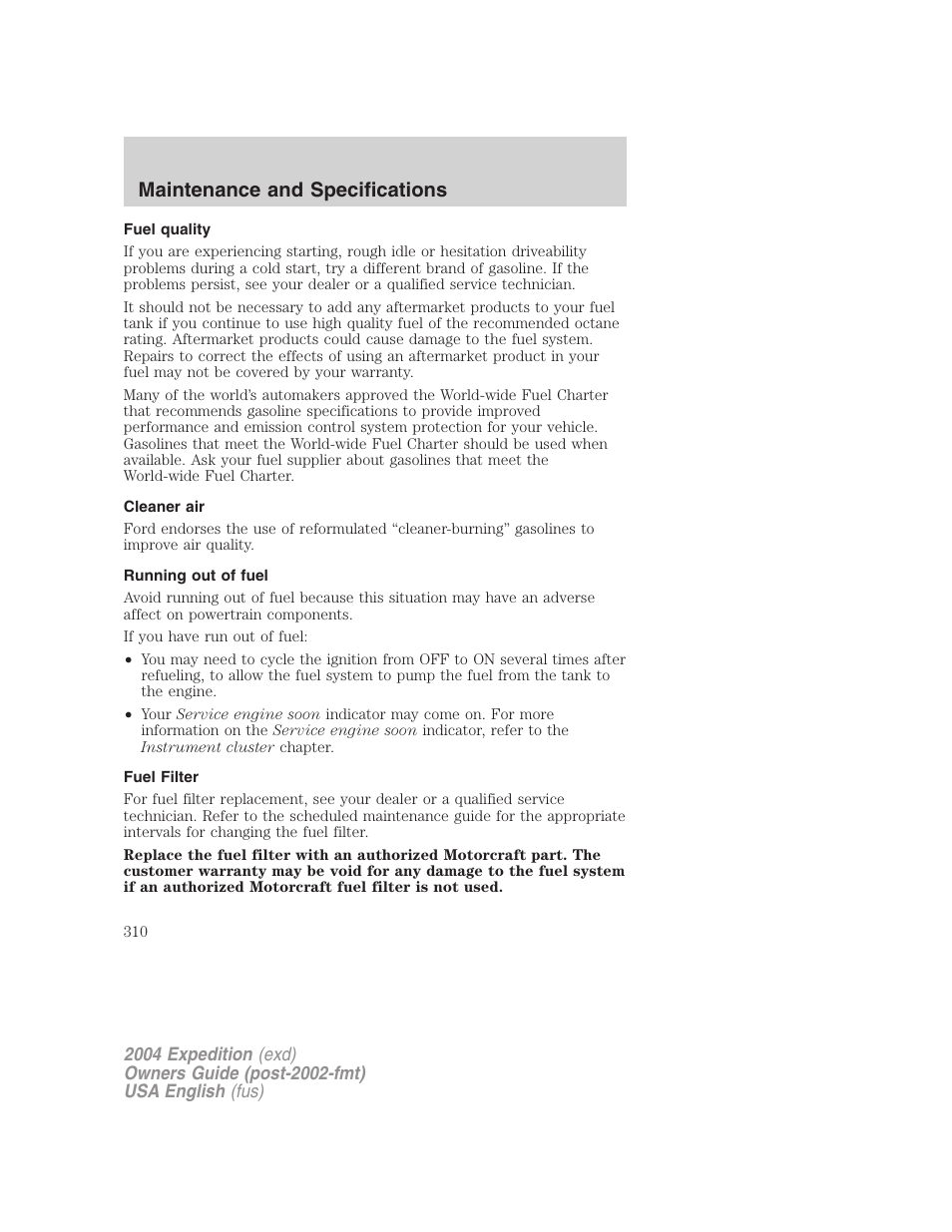 Maintenance and specifications | FORD 2004 Expedition v.3 User Manual | Page 310 / 360