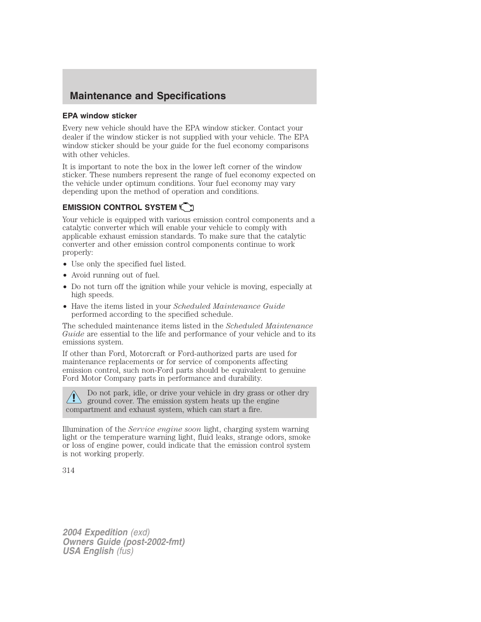 Maintenance and specifications | FORD 2004 Expedition v.3 User Manual | Page 314 / 360