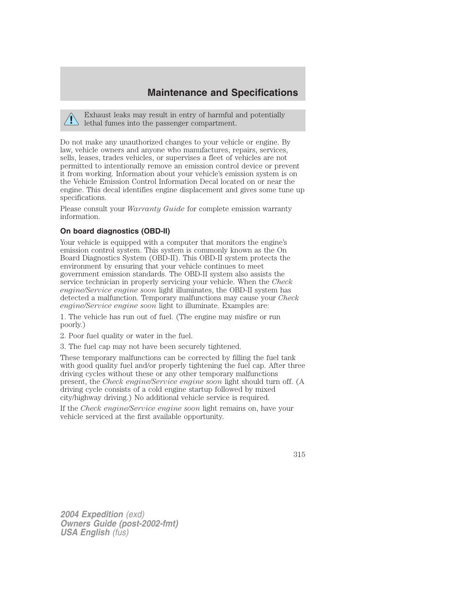 Maintenance and specifications | FORD 2004 Expedition v.3 User Manual | Page 315 / 360