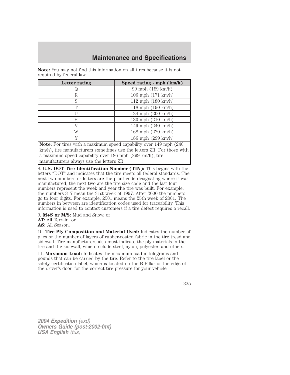 Maintenance and specifications | FORD 2004 Expedition v.3 User Manual | Page 325 / 360