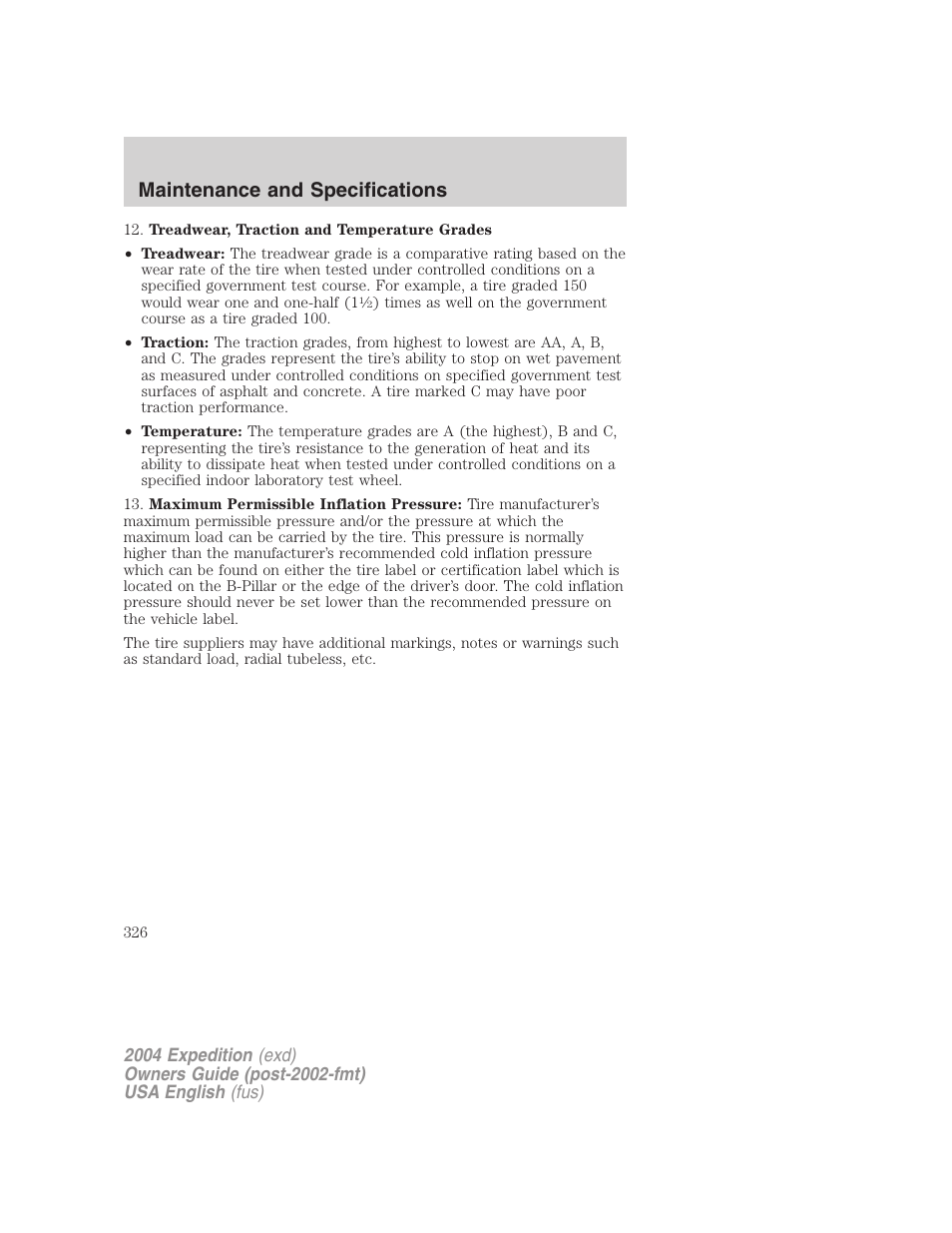 Maintenance and specifications | FORD 2004 Expedition v.3 User Manual | Page 326 / 360