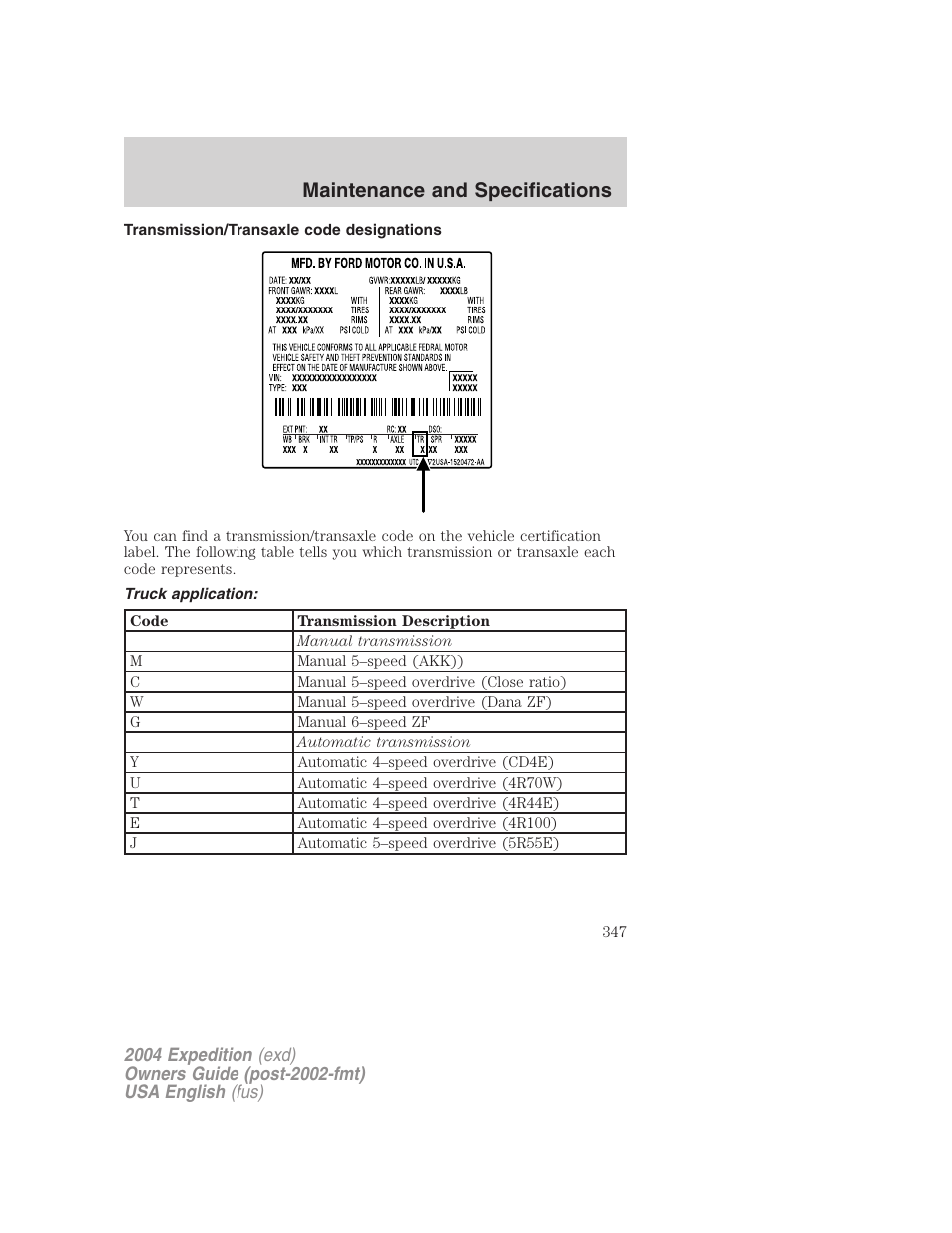 Maintenance and specifications | FORD 2004 Expedition v.3 User Manual | Page 347 / 360