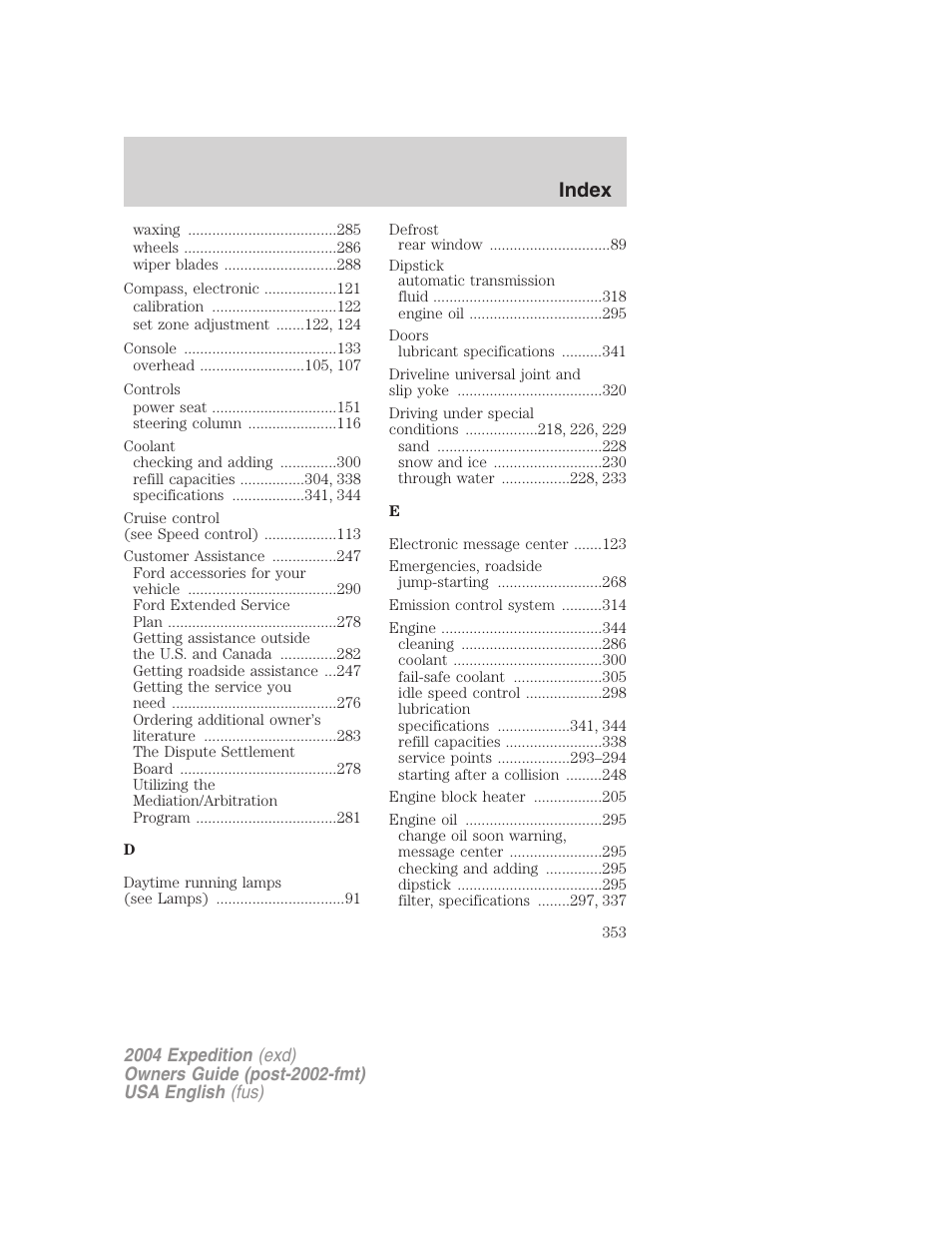 Index | FORD 2004 Expedition v.3 User Manual | Page 353 / 360