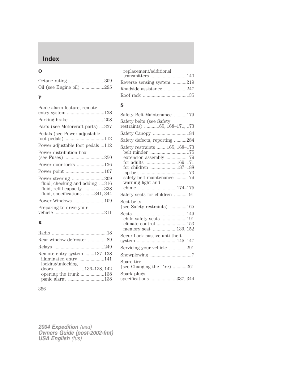 Index | FORD 2004 Expedition v.3 User Manual | Page 356 / 360