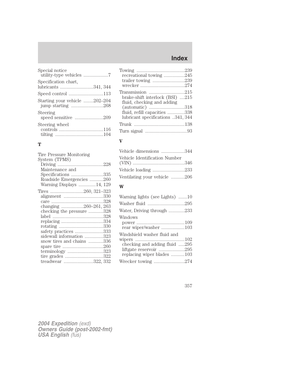 Index | FORD 2004 Expedition v.3 User Manual | Page 357 / 360