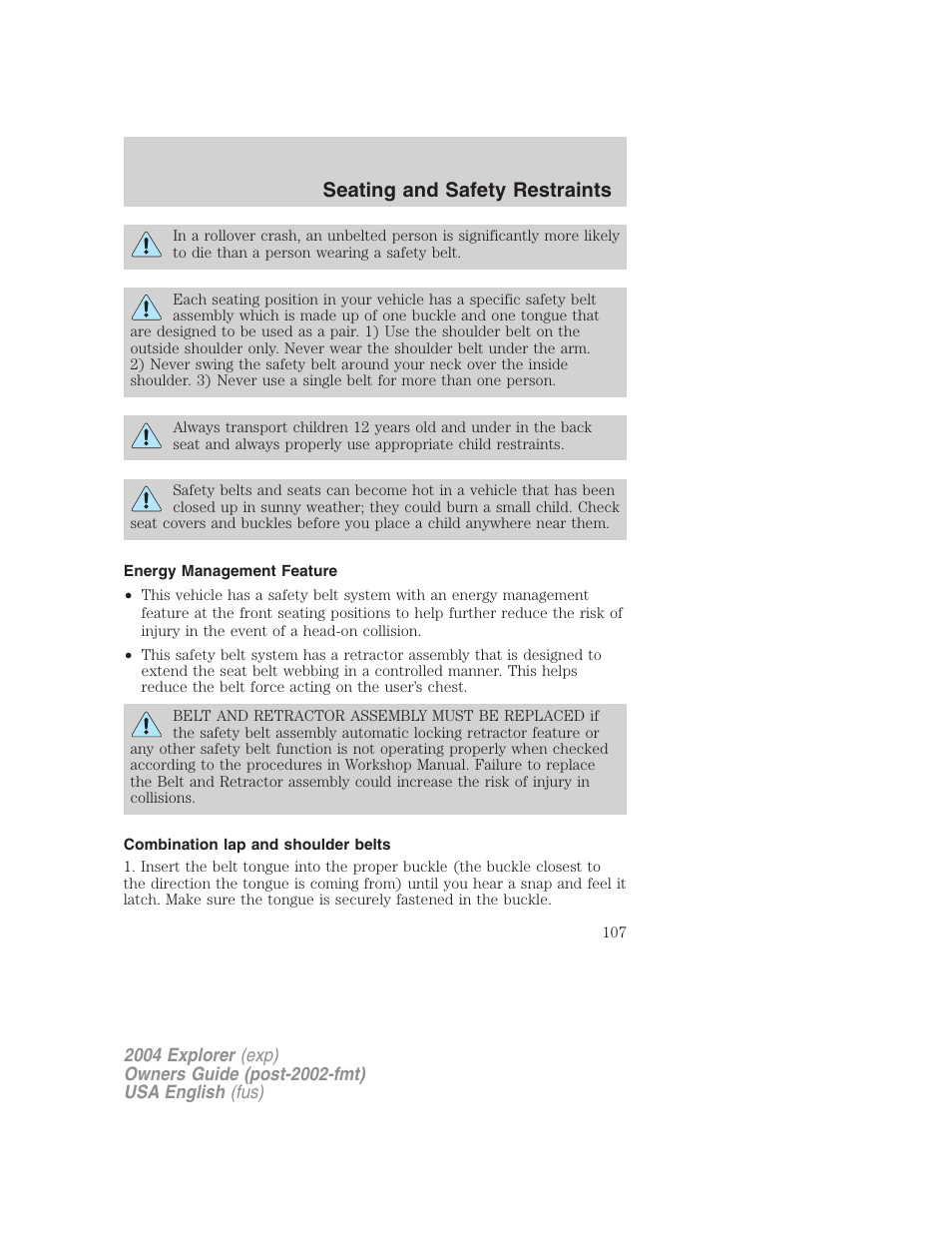 Seating and safety restraints | FORD 2004 Explorer v.1 User Manual | Page 107 / 296