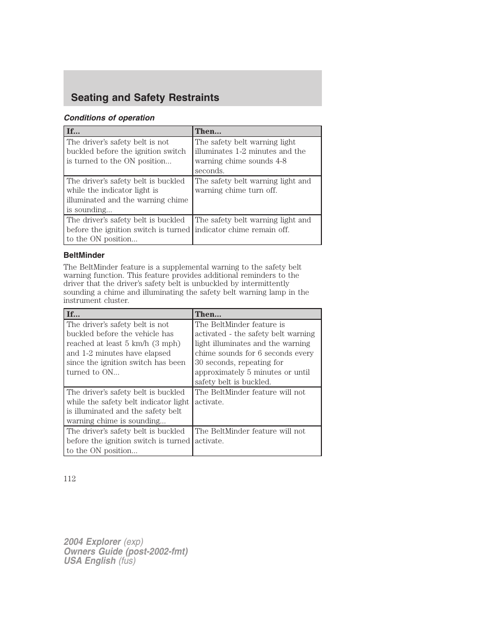 Seating and safety restraints | FORD 2004 Explorer v.1 User Manual | Page 112 / 296