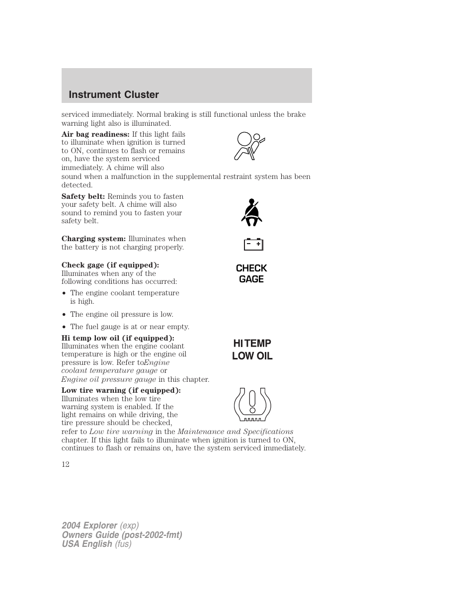 Instrument cluster | FORD 2004 Explorer v.1 User Manual | Page 12 / 296