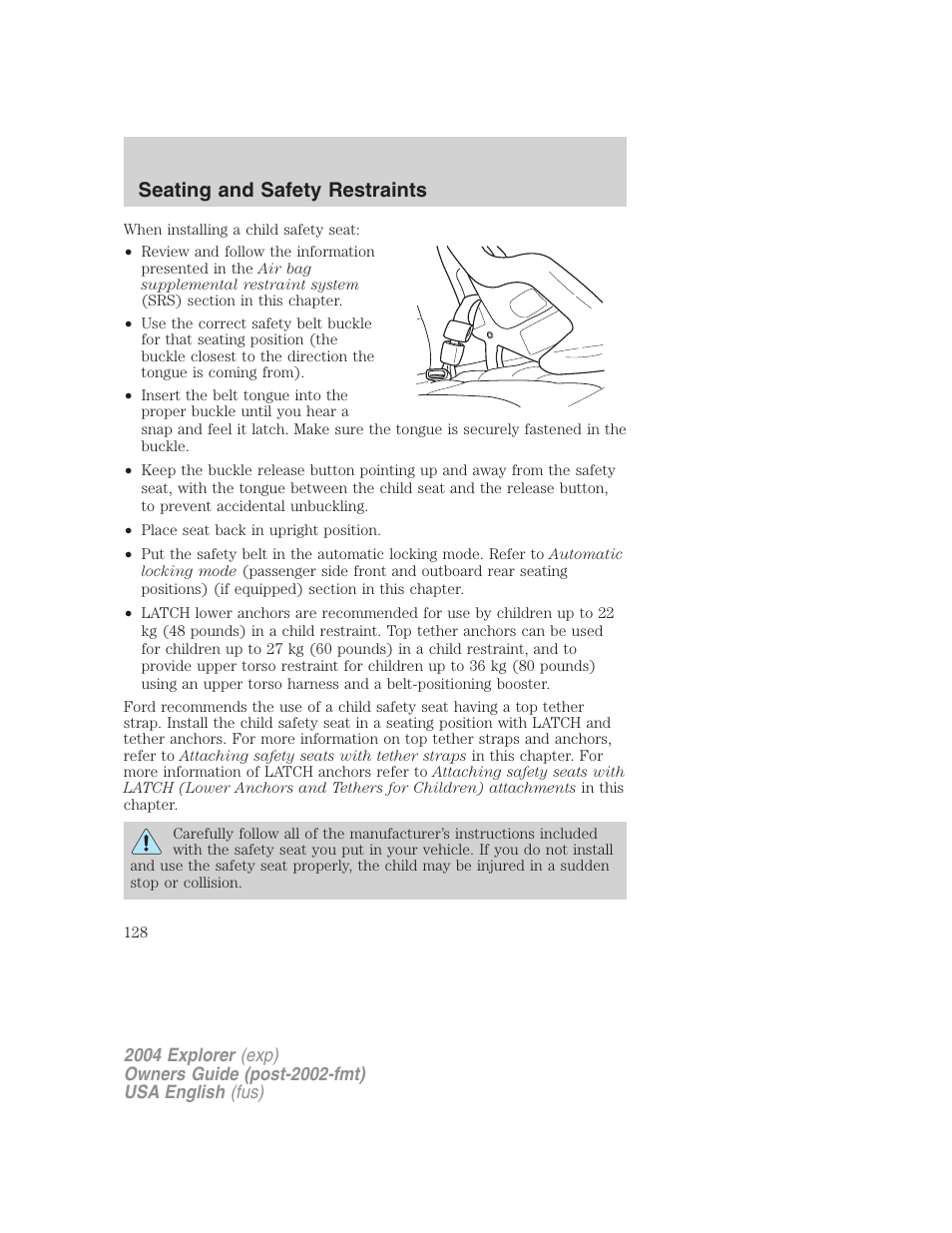 Seating and safety restraints | FORD 2004 Explorer v.1 User Manual | Page 128 / 296