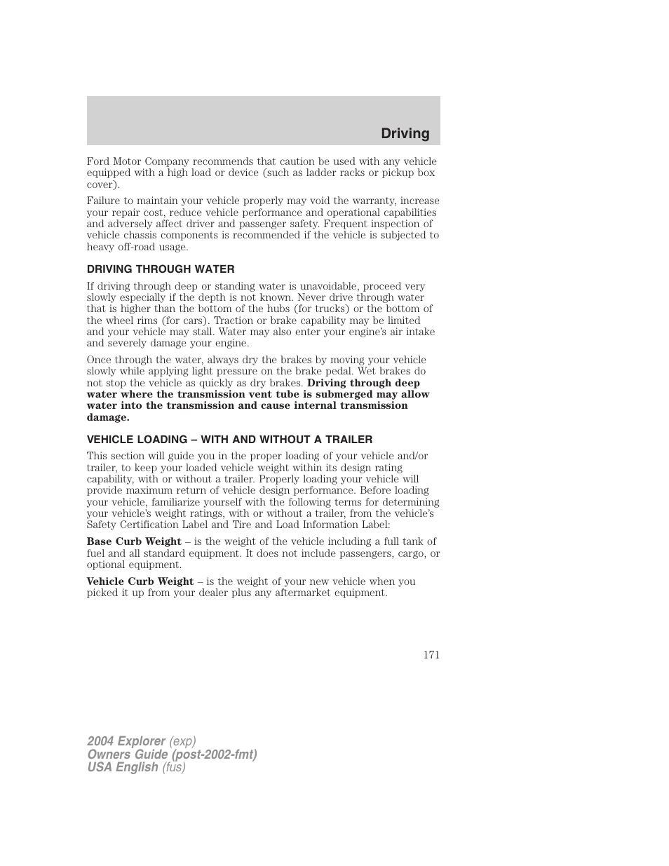 Driving | FORD 2004 Explorer v.1 User Manual | Page 171 / 296