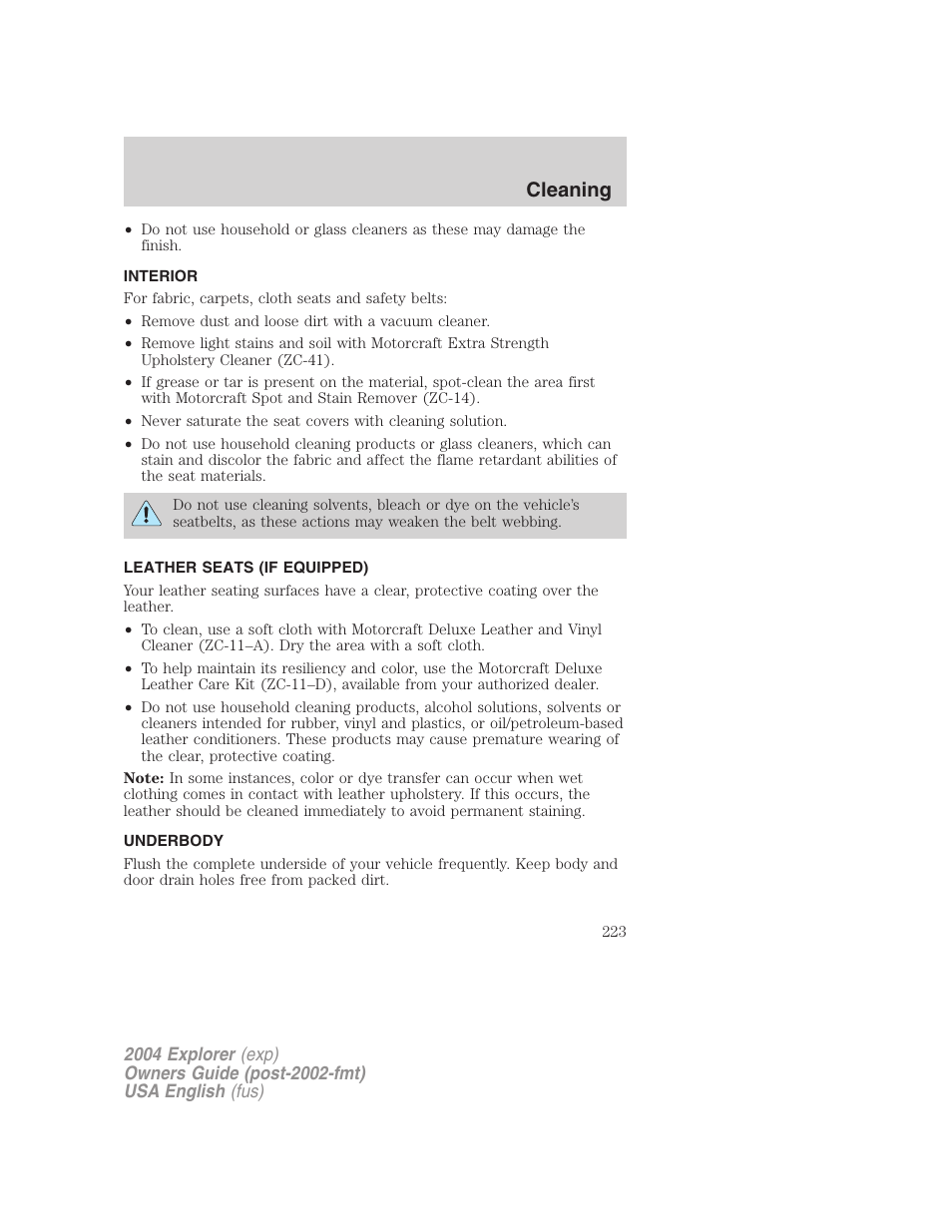 Cleaning | FORD 2004 Explorer v.1 User Manual | Page 223 / 296