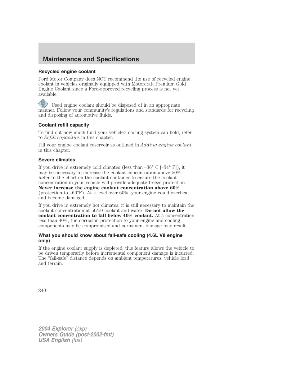 Maintenance and specifications | FORD 2004 Explorer v.1 User Manual | Page 240 / 296