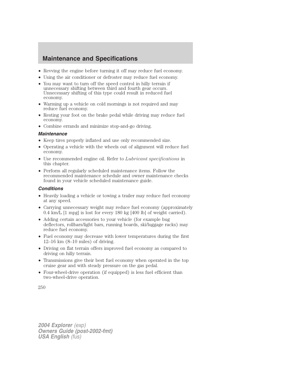 Maintenance and specifications | FORD 2004 Explorer v.1 User Manual | Page 250 / 296