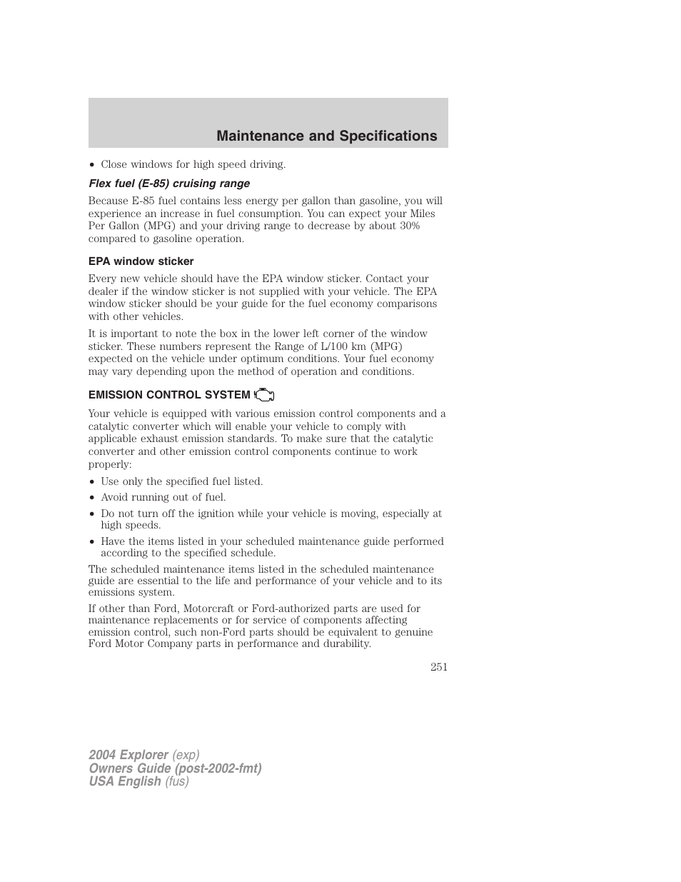 Maintenance and specifications | FORD 2004 Explorer v.1 User Manual | Page 251 / 296
