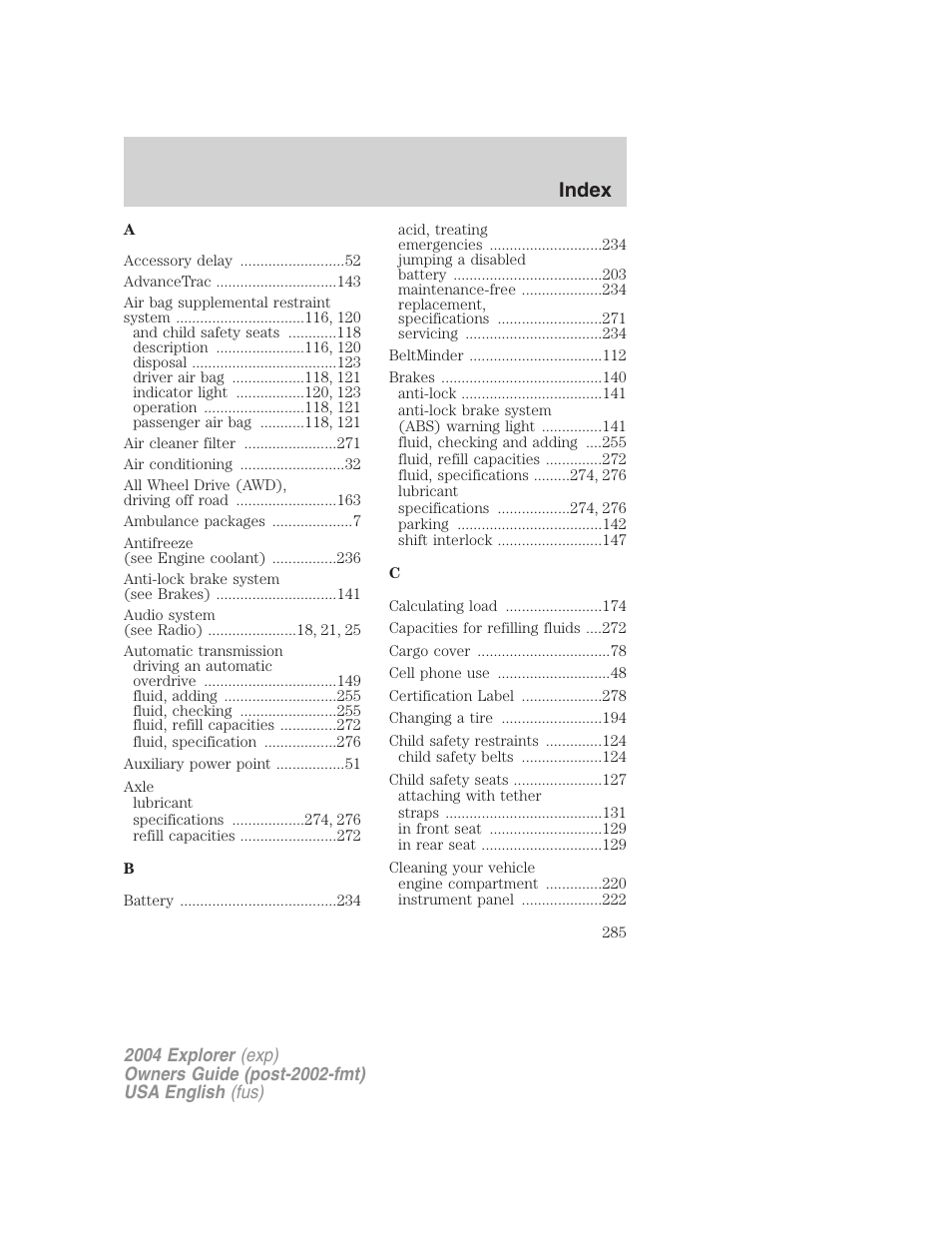 Index | FORD 2004 Explorer v.1 User Manual | Page 285 / 296