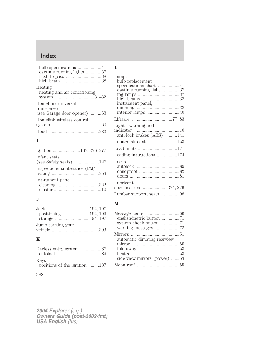 Index | FORD 2004 Explorer v.1 User Manual | Page 288 / 296