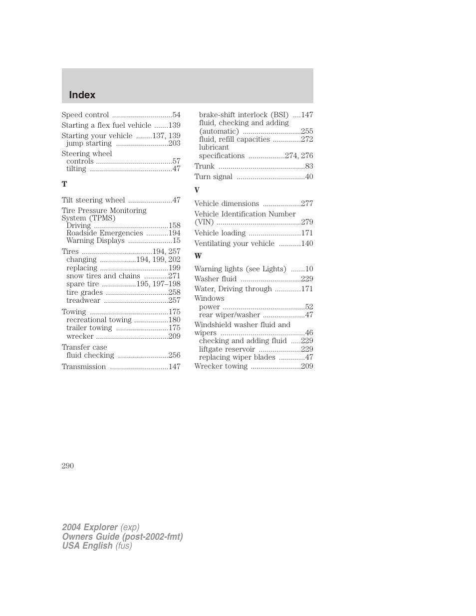 Index | FORD 2004 Explorer v.1 User Manual | Page 290 / 296