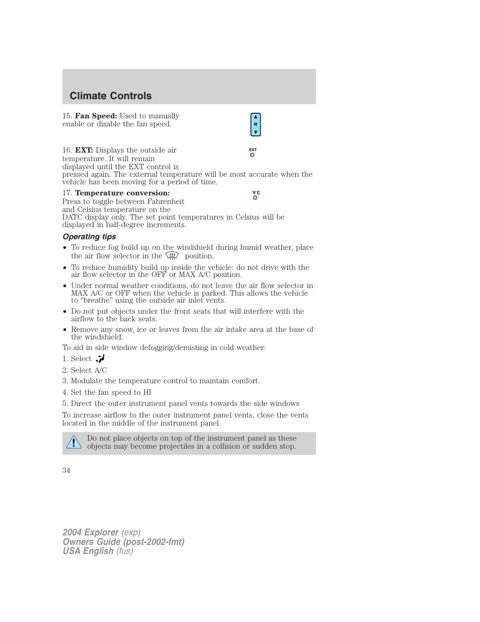 Climate controls | FORD 2004 Explorer v.1 User Manual | Page 34 / 296