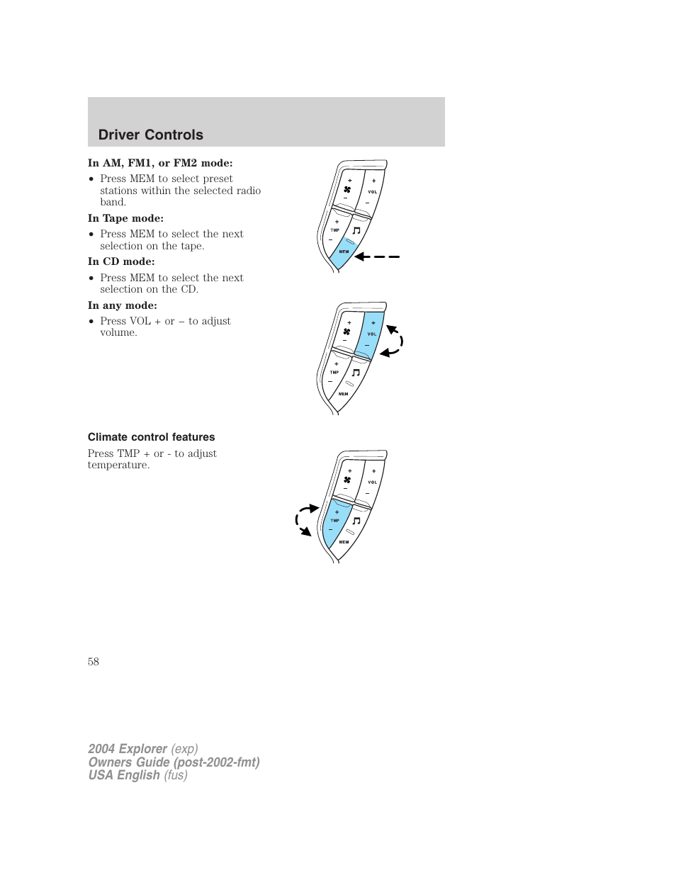 Driver controls | FORD 2004 Explorer v.1 User Manual | Page 58 / 296