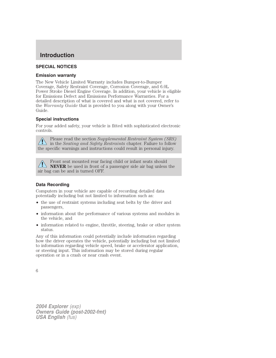 Introduction | FORD 2004 Explorer v.1 User Manual | Page 6 / 296