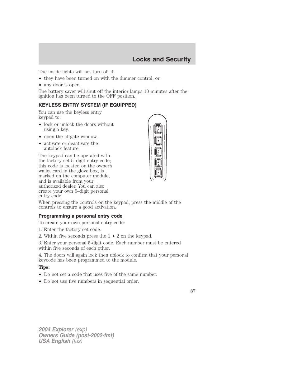 Locks and security | FORD 2004 Explorer v.1 User Manual | Page 87 / 296