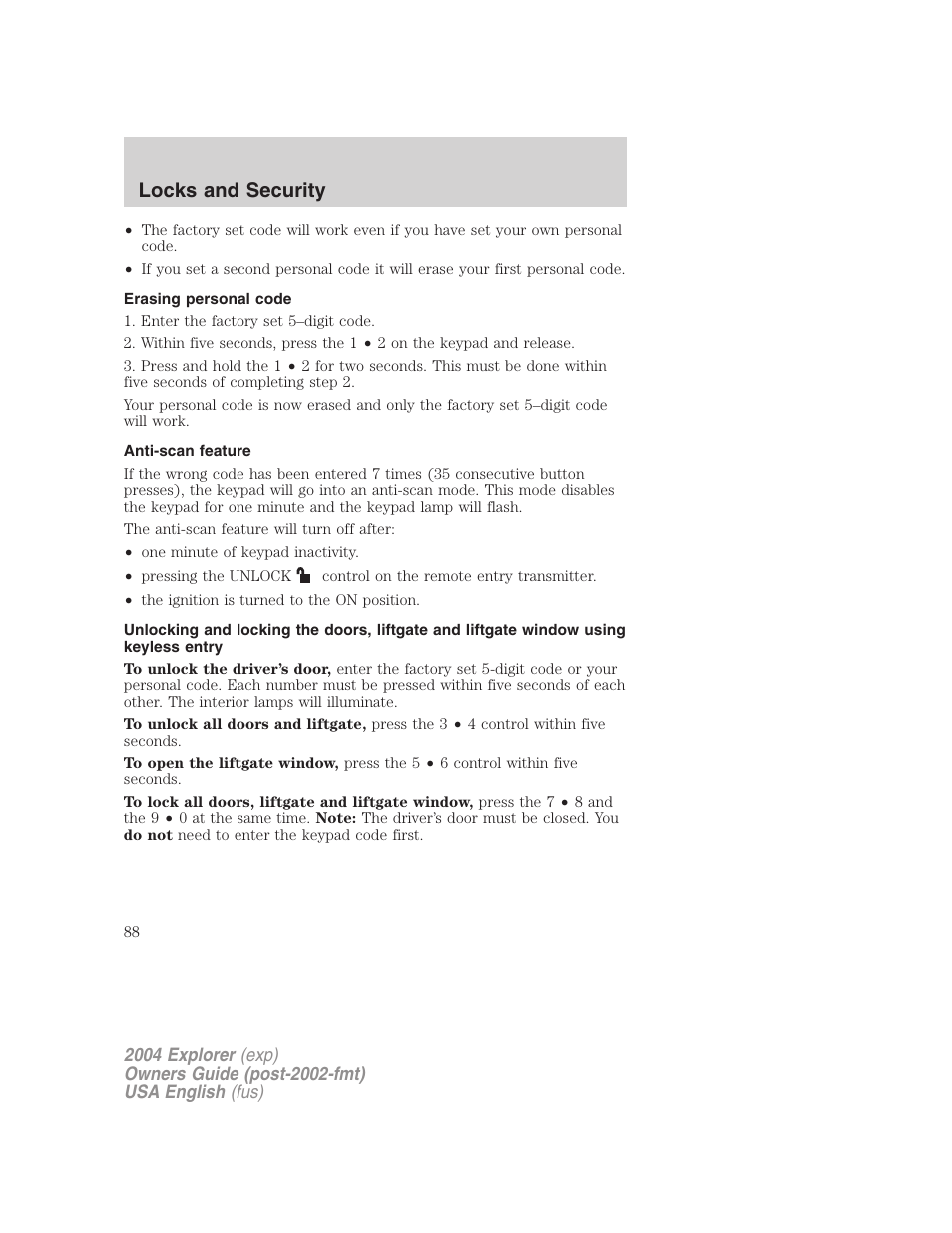 Locks and security | FORD 2004 Explorer v.1 User Manual | Page 88 / 296