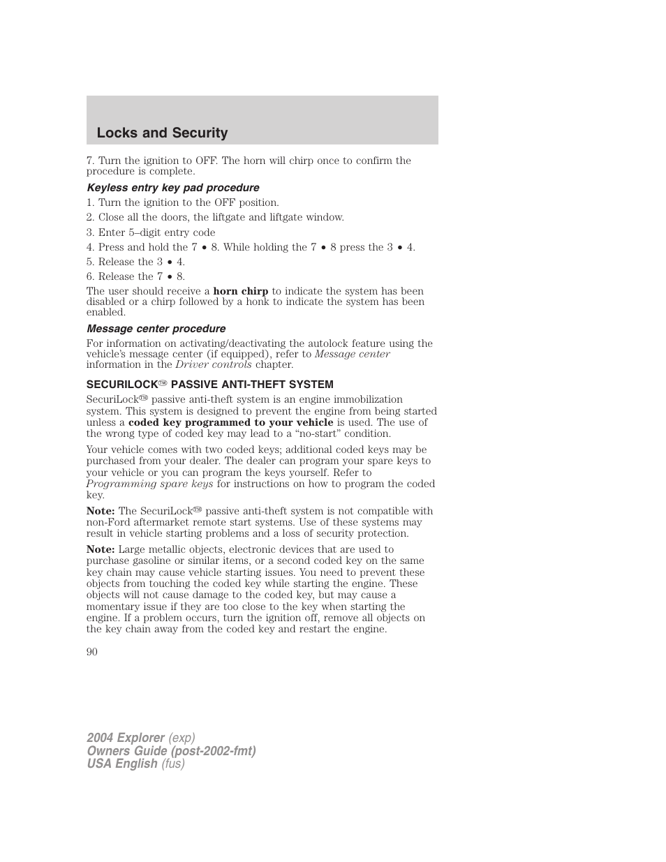 Locks and security | FORD 2004 Explorer v.1 User Manual | Page 90 / 296