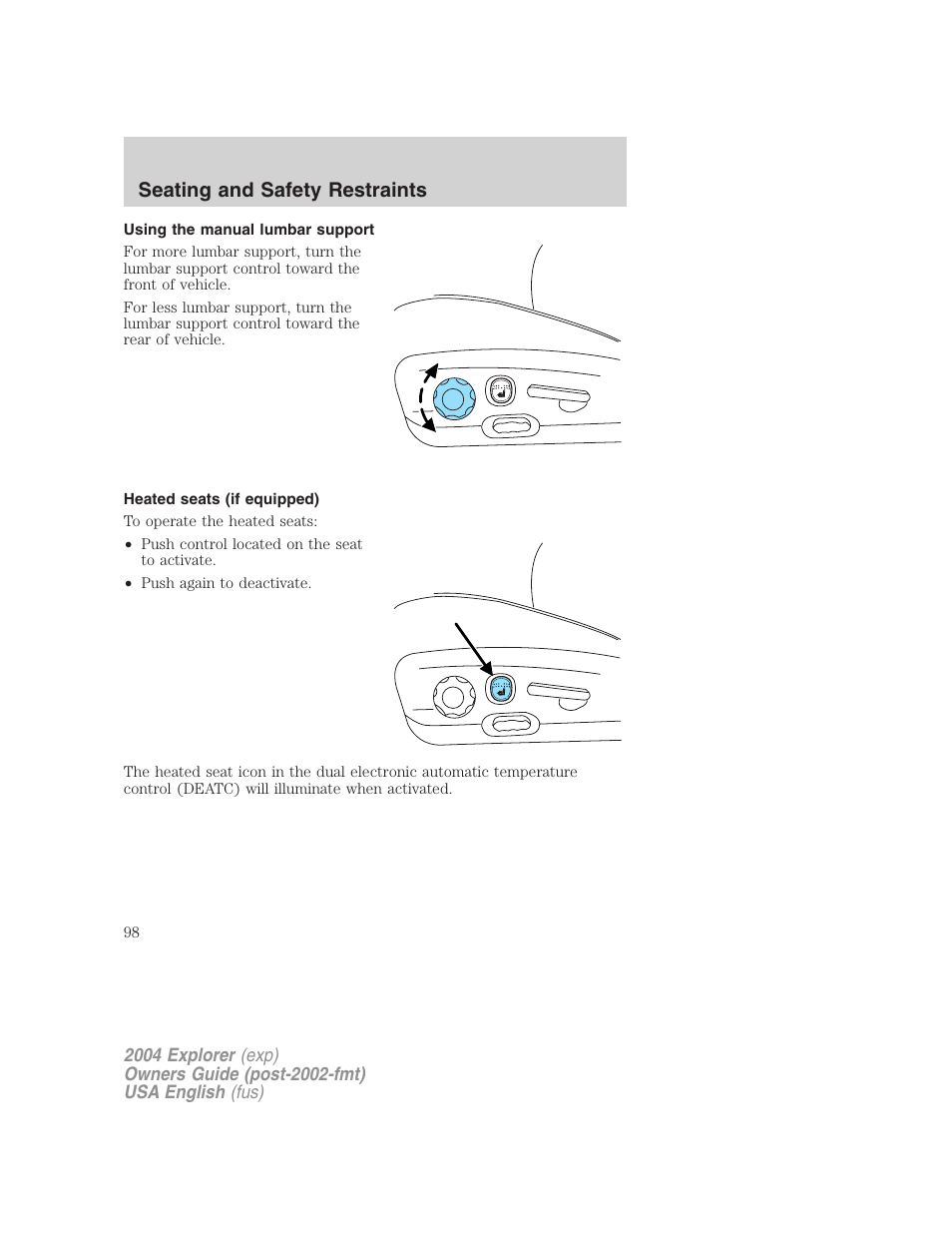 Seating and safety restraints | FORD 2004 Explorer v.1 User Manual | Page 98 / 296